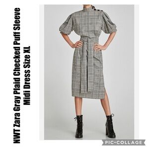 Zara Gray Plaid Checked Puff Sleeve Midi Dress Size XL